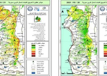 منصة الغابات ومراقبة الحرائق:ارتفاع مؤشرات خطورة انتشار الحرائق في غابات شمال غرب سورية